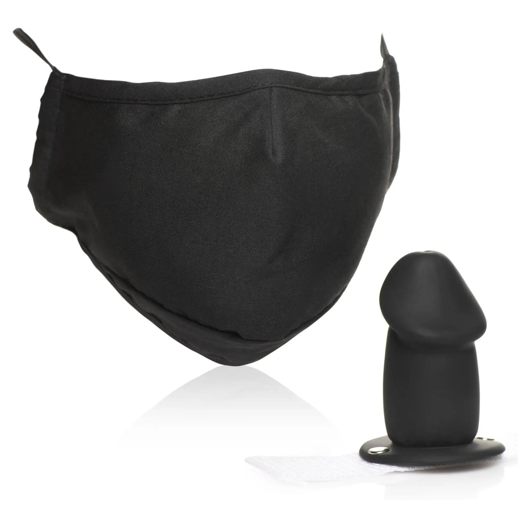 Master Series Mouth-Full Dildo Face Mask in black, featuring a fabric mask and a separate silicone phallic attachment.
