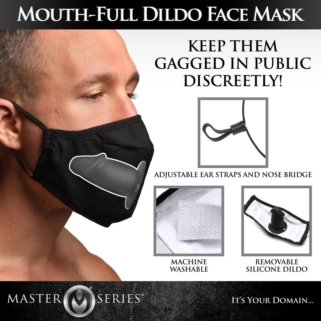 Master Series Mouth-Full Dildo Face Mask: a black mask with an internal removable silicone dildo and adjustable straps.