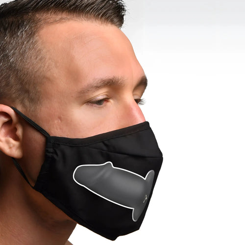Master Series Mouth-Full Dildo Face Mask: A black fabric mask featuring a white-outlined grey dildo graphic.