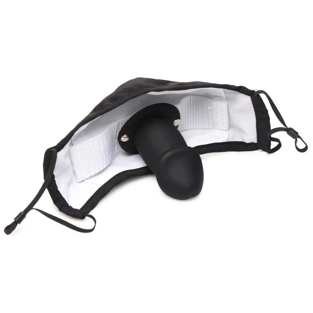 Master Series Mouth-Full Dildo Face Mask: a black fabric mask with an attached black silicone phallic insert.