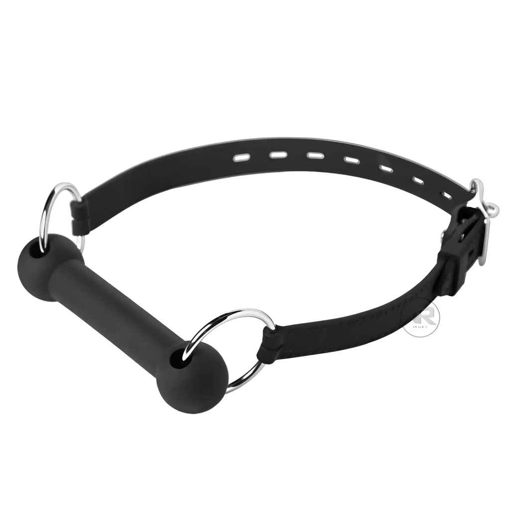 Master Series Mr Ed lockable black silicone bit gag with adjustable strap and metal hardware on a white background.