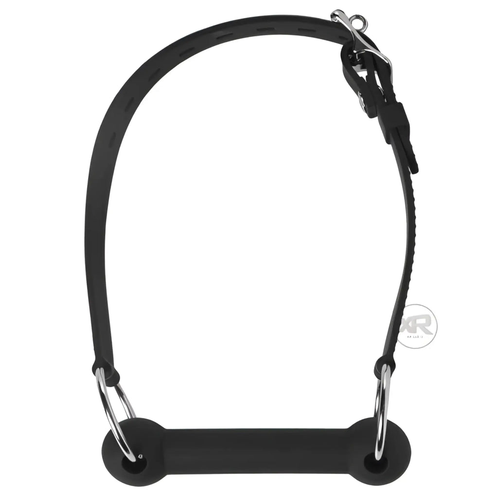 Master Series Mr Ed lockable black silicone bit gag with adjustable strap and chrome metal rings on a white background.