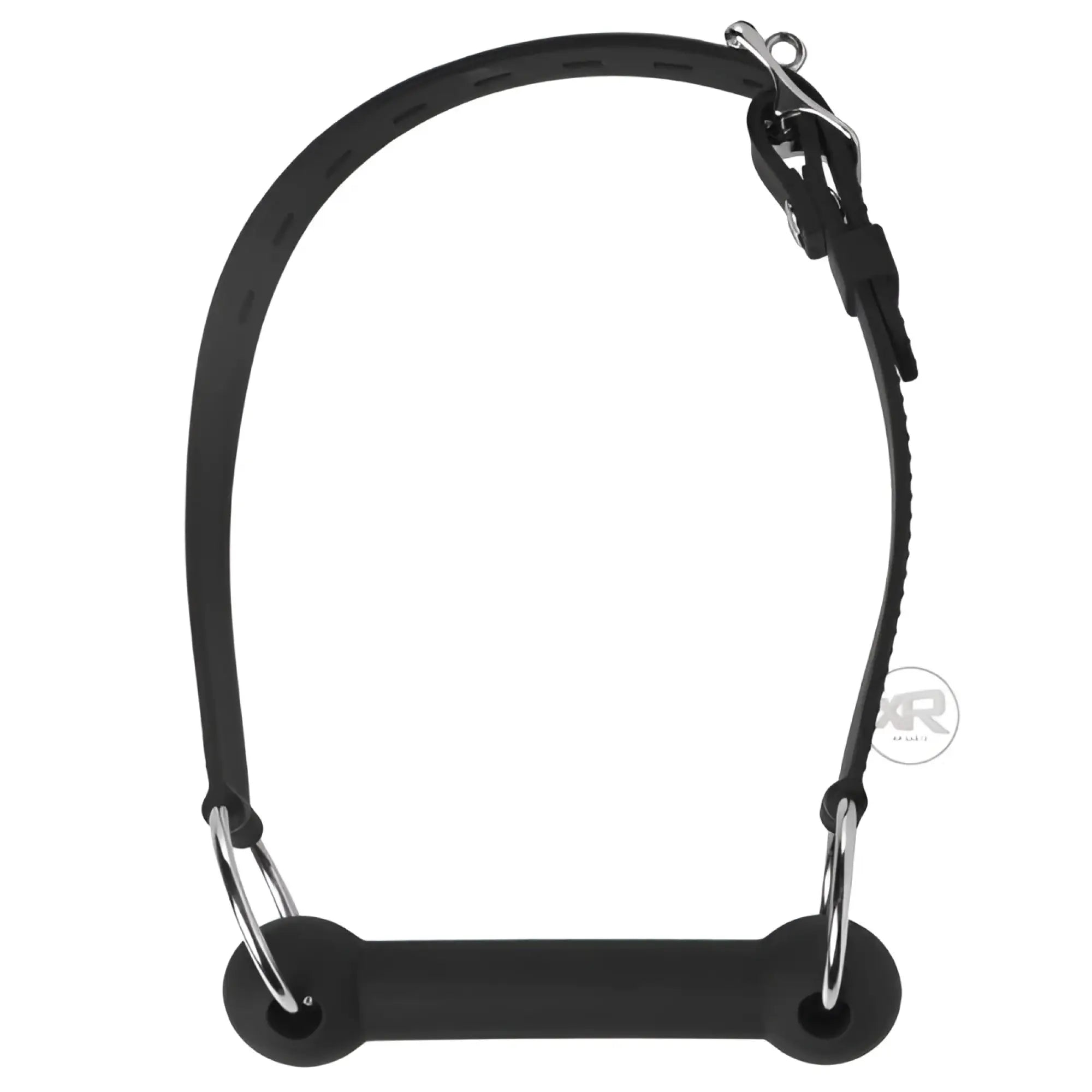 Master Series Mr Ed lockable black silicone bit gag with adjustable strap and chrome metal rings on a white background.
