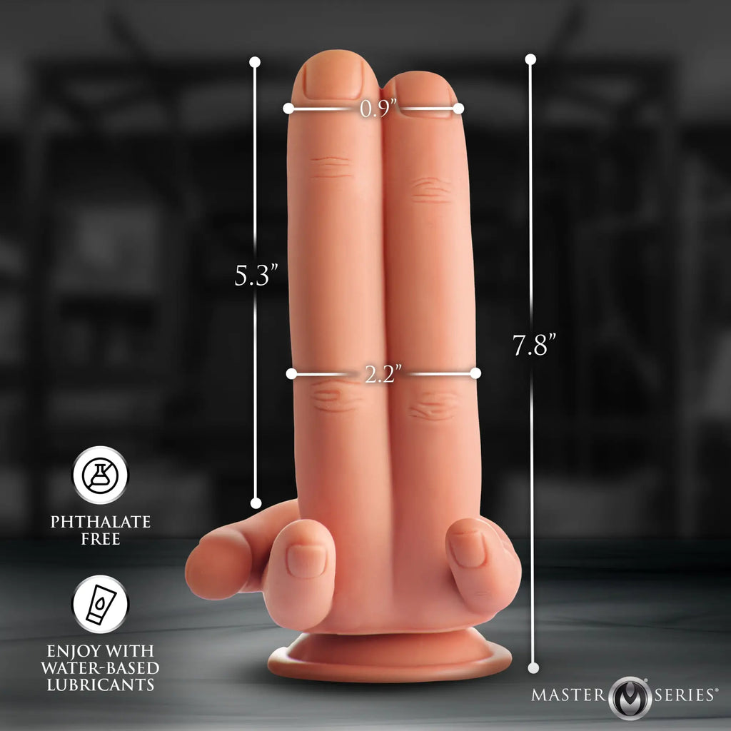 Master Series Mr. Fingers silicone dildo in skin tone, shaped like two fingers with a suction cup base and measurements.