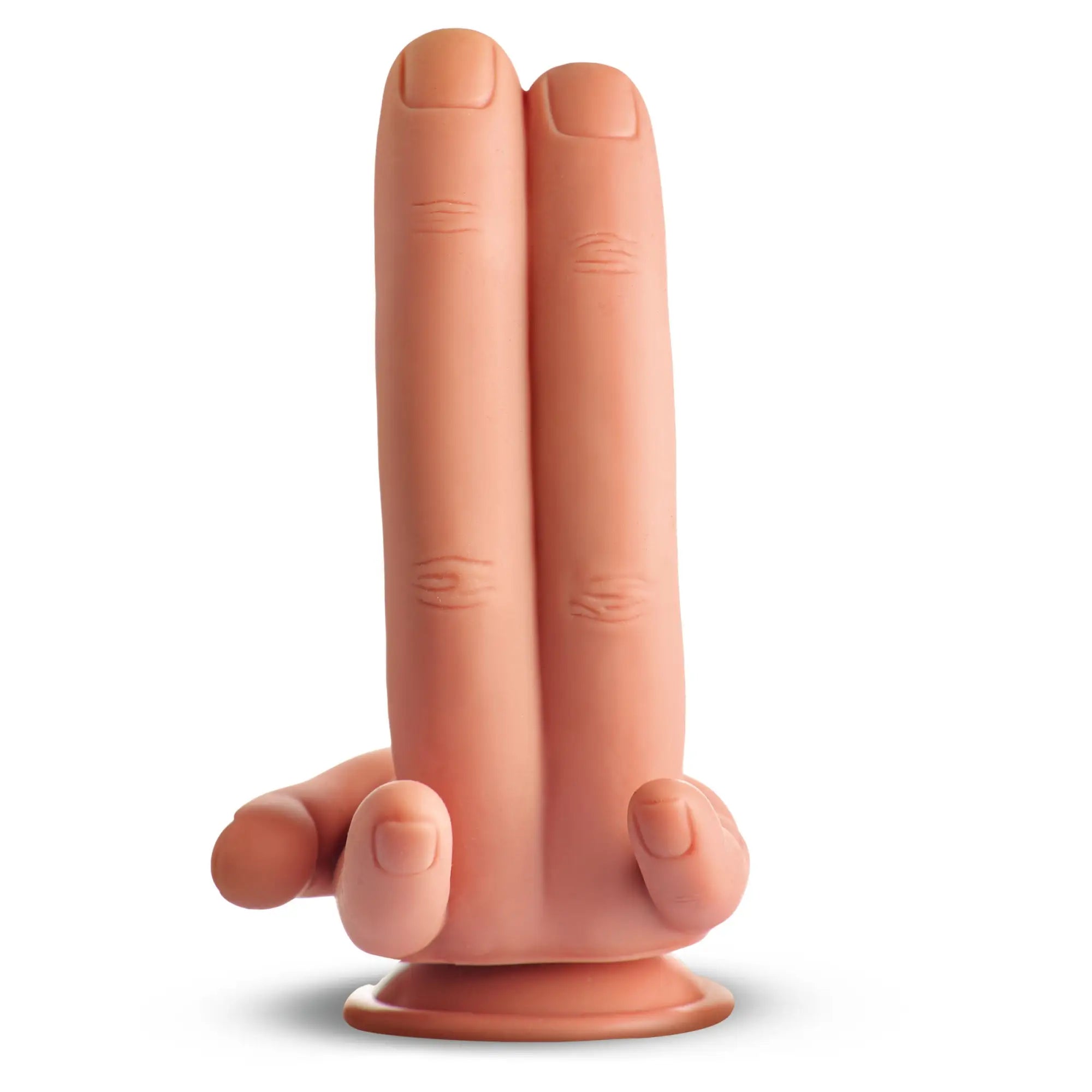 Master Series Mr. Fingers silicone dildo: a realistic, skin-toned novelty shaped like two extended fingers on a base.