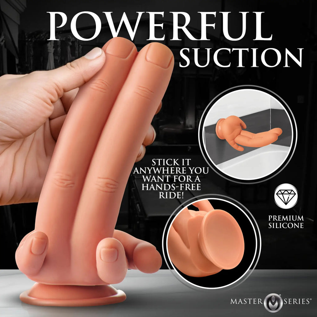 Master Series Mr. Fingers silicone dildo in peach, shaped like two fingers with a suction cup base.