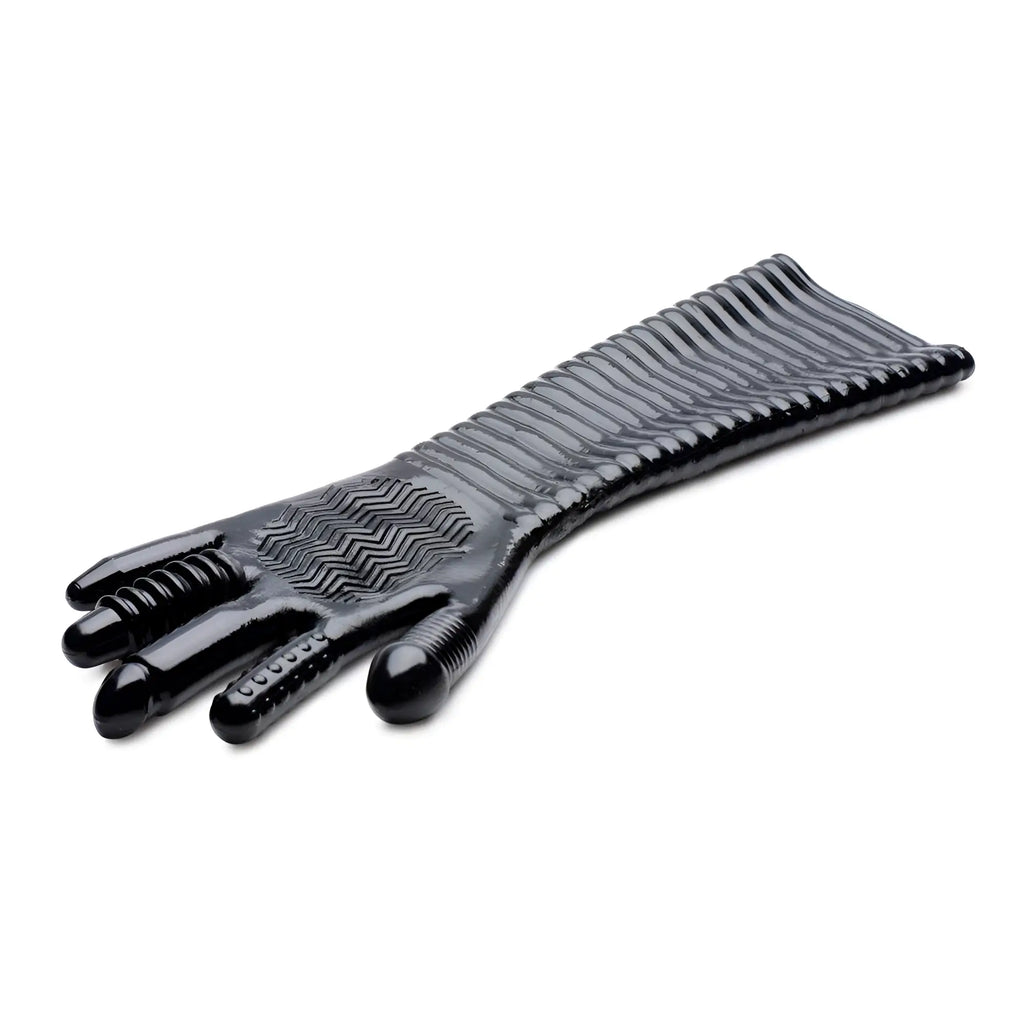 Black Master Series Pleasure Fister fisting glove featuring a long sleeve and textured palm and fingers.