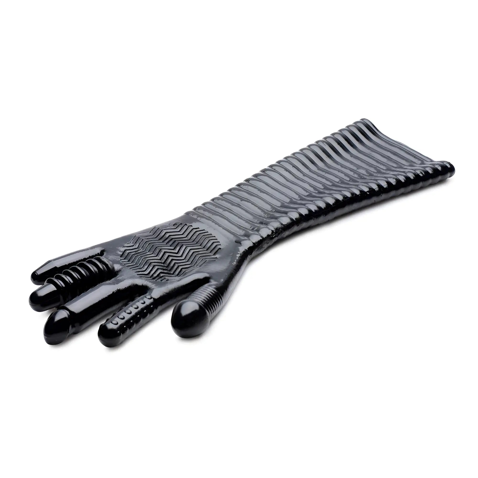 Black Master Series Pleasure Fister fisting glove featuring a long sleeve and textured palm and fingers.