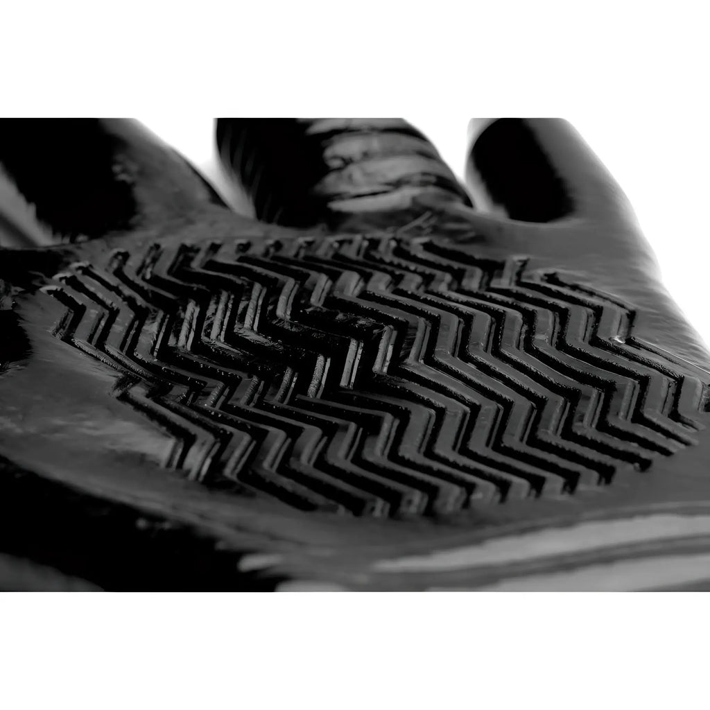 Master Series Pleasure Fister glove in black, featuring a prominent, raised zigzag texture on the palm.