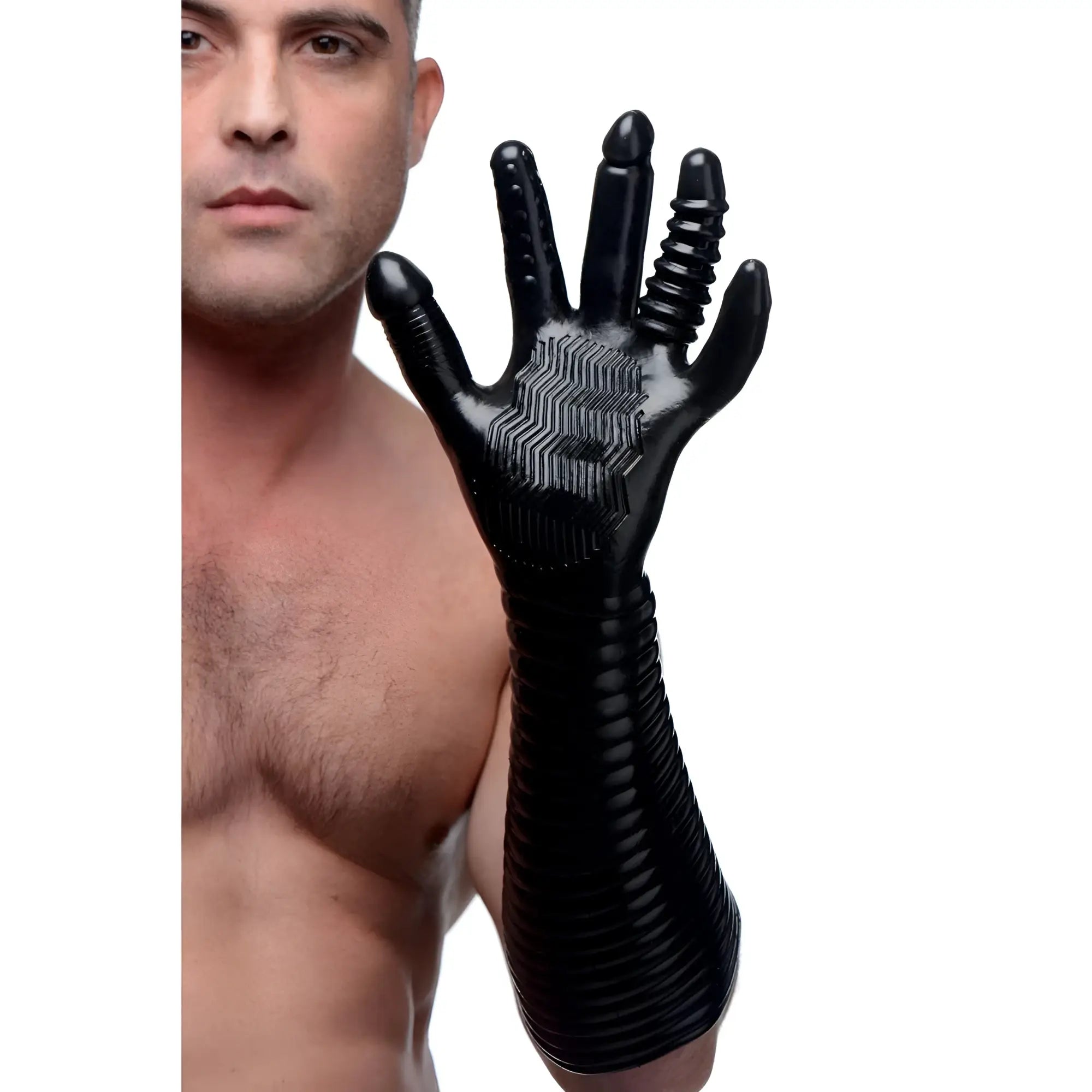 A man wears a black Master Series MS Pleasure Fister textured glove with ridged fingers and a long, ribbed forearm.