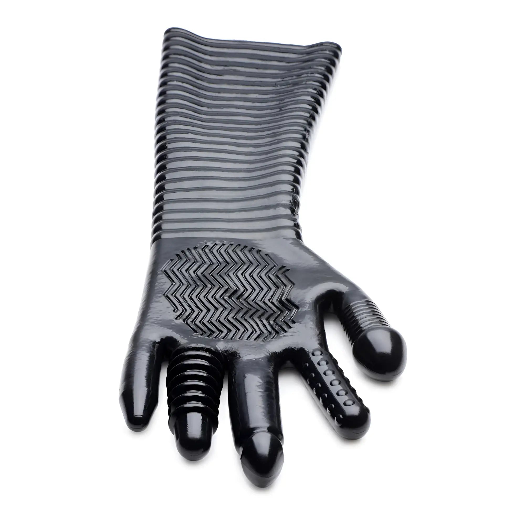 Master Series MS Pleasure Fister: A long, black textured fisting glove with ridged patterns and raised stimulation nubs.