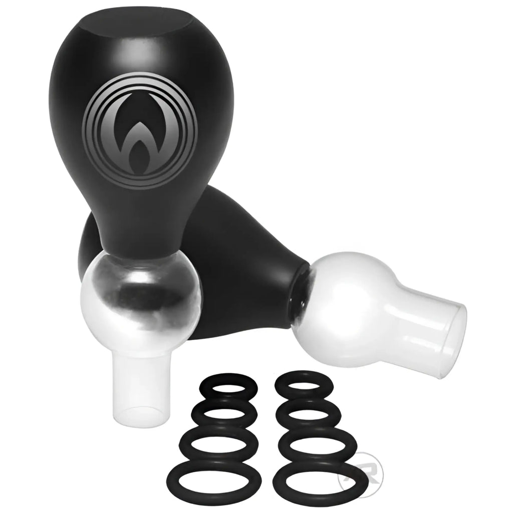 Master Series Nipple Amplifier Bulbs: Two black squeeze bulbs with clear suction cups and eight black silicone O-rings.