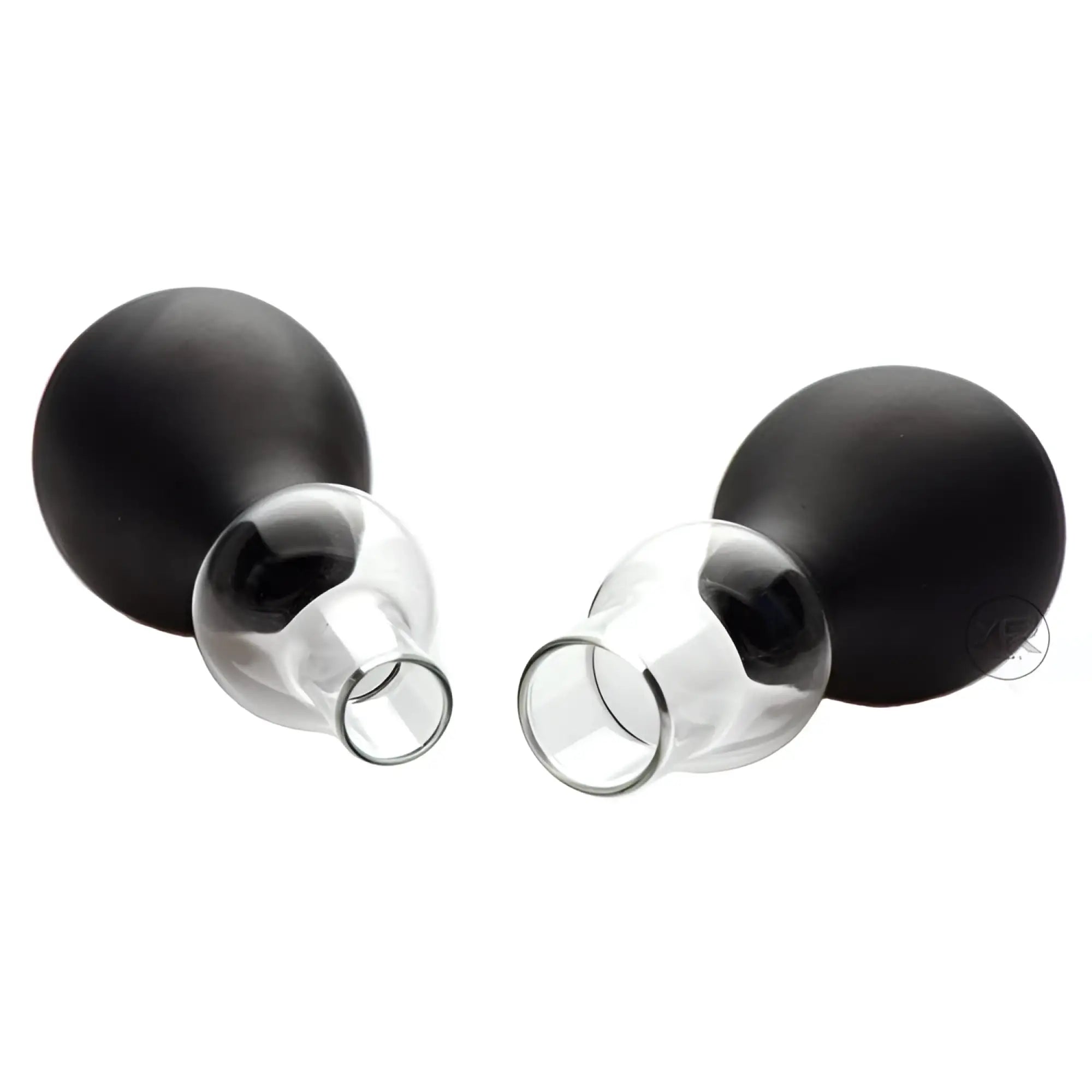 Two Master Series nipple amplifier bulbs with matte black suction pumps and clear, flared plastic cylinders.