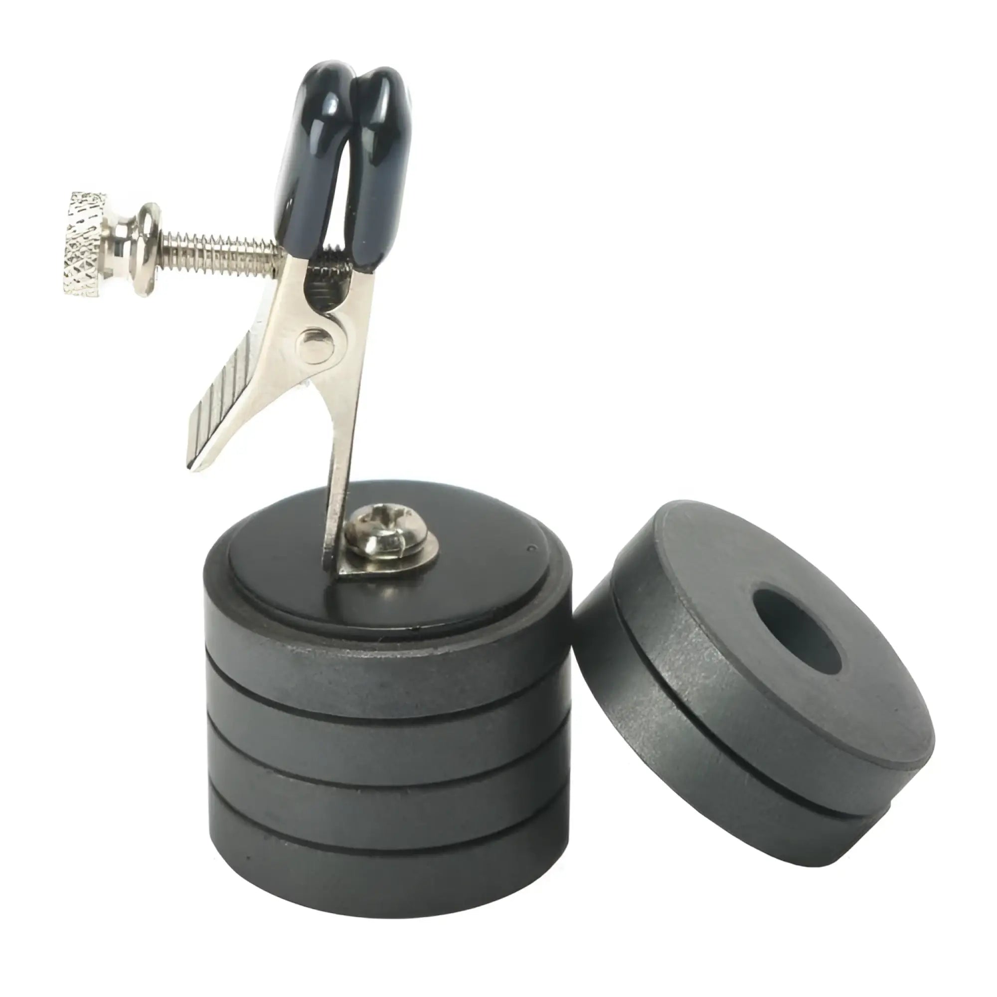 Master Series Nipple Clip with stackable, dark grey magnetic weights and a chrome, adjustable-tension metal clamp.