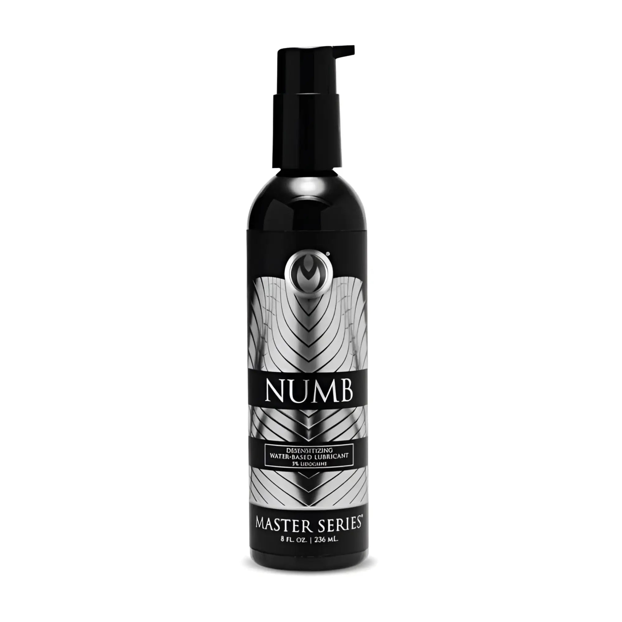 Master Series Numb Desensitizing water-based lubricant in a tall, black pump bottle with a silver, modern patterned label.