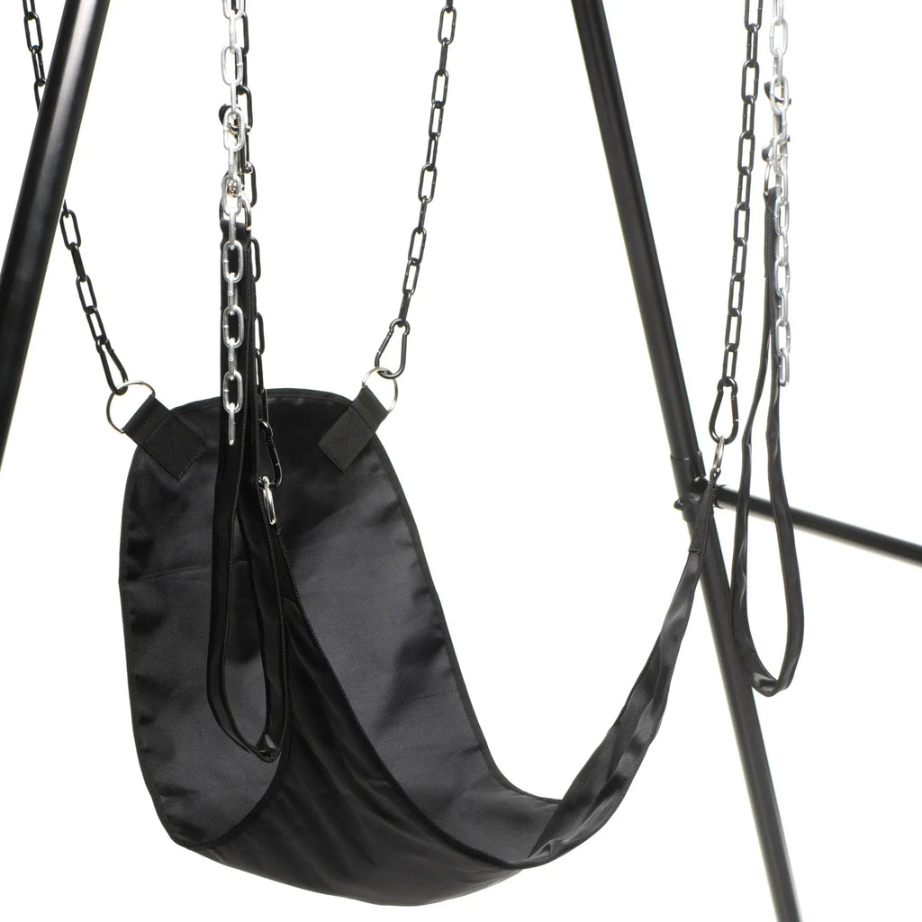 Master Series Nylon Sex Sling in black, featuring a sturdy frame, durable fabric seat, and adjustable metal chains.