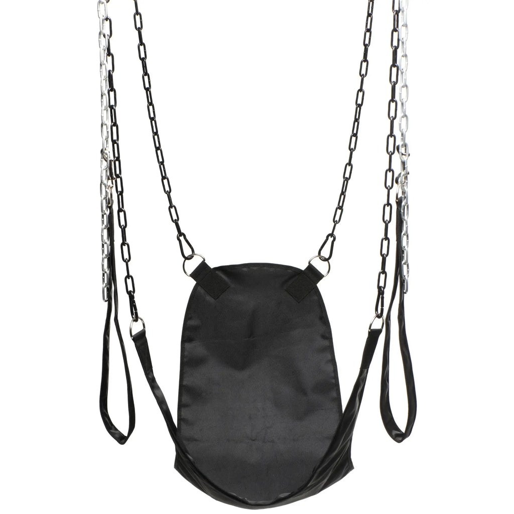 Master Series black nylon sex sling with hanging chains and stirrups against a white background.
