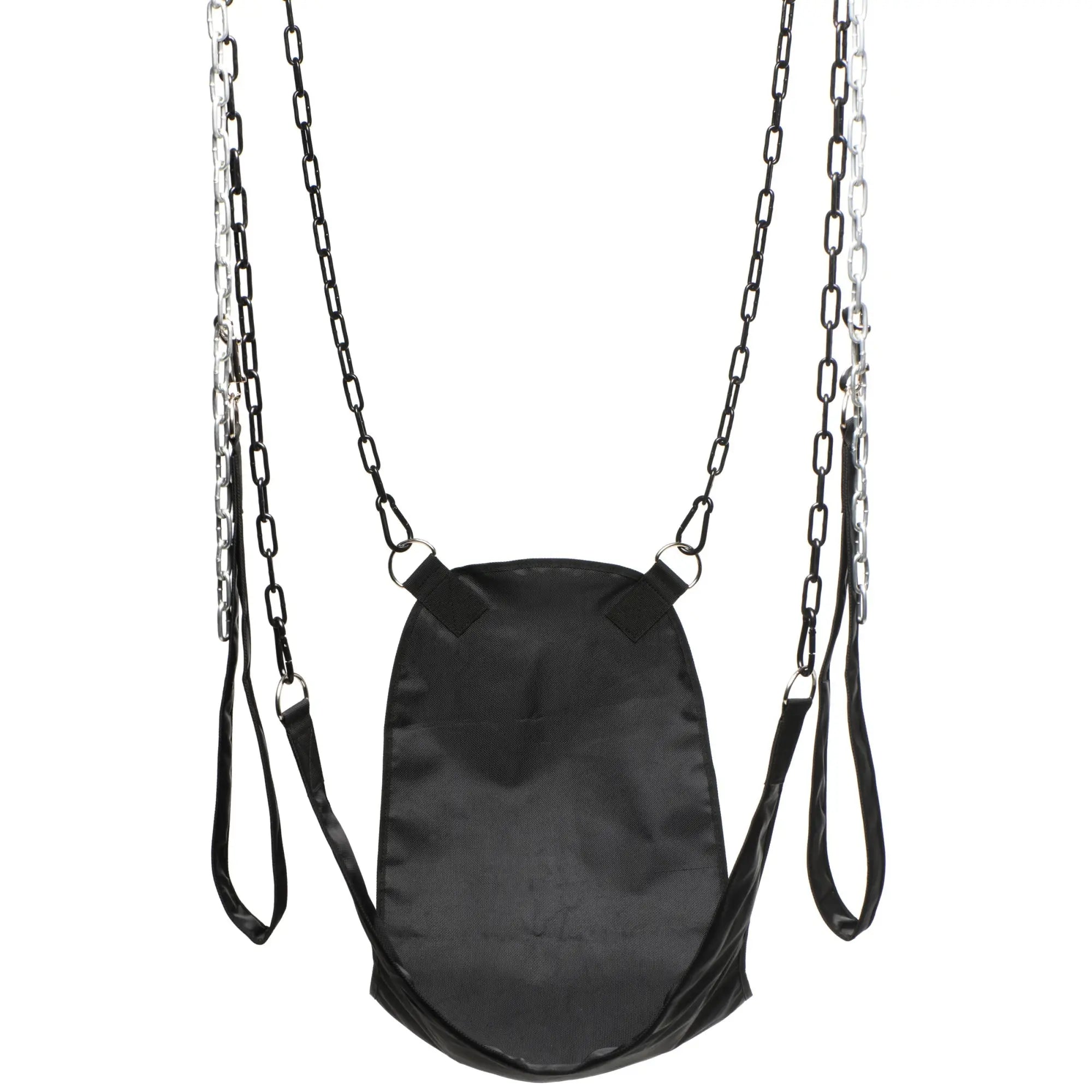 Master Series black nylon sex sling with hanging chains and stirrups against a white background.