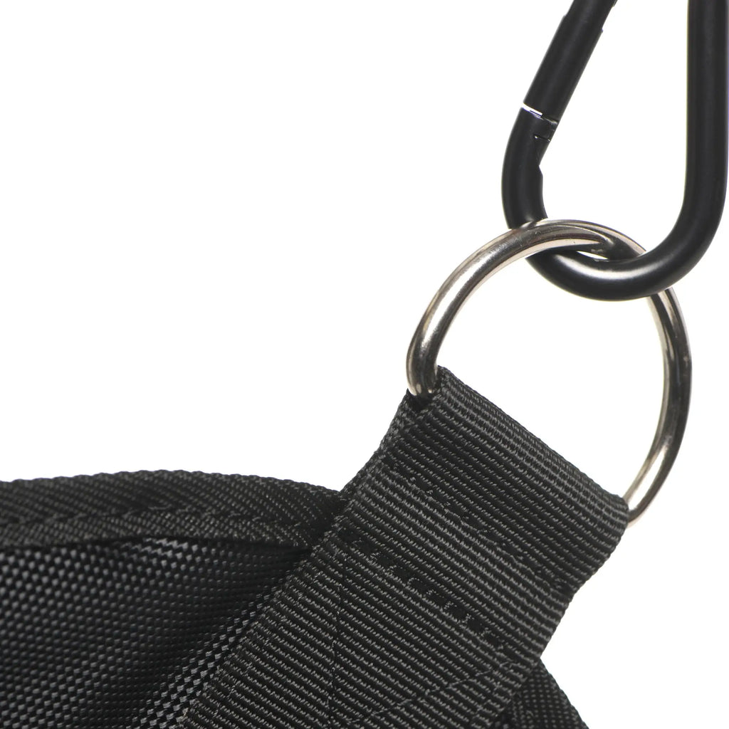 Master Series Nylon Sex Sling featuring black durable webbing, a metal ring, and a black carabiner attachment.