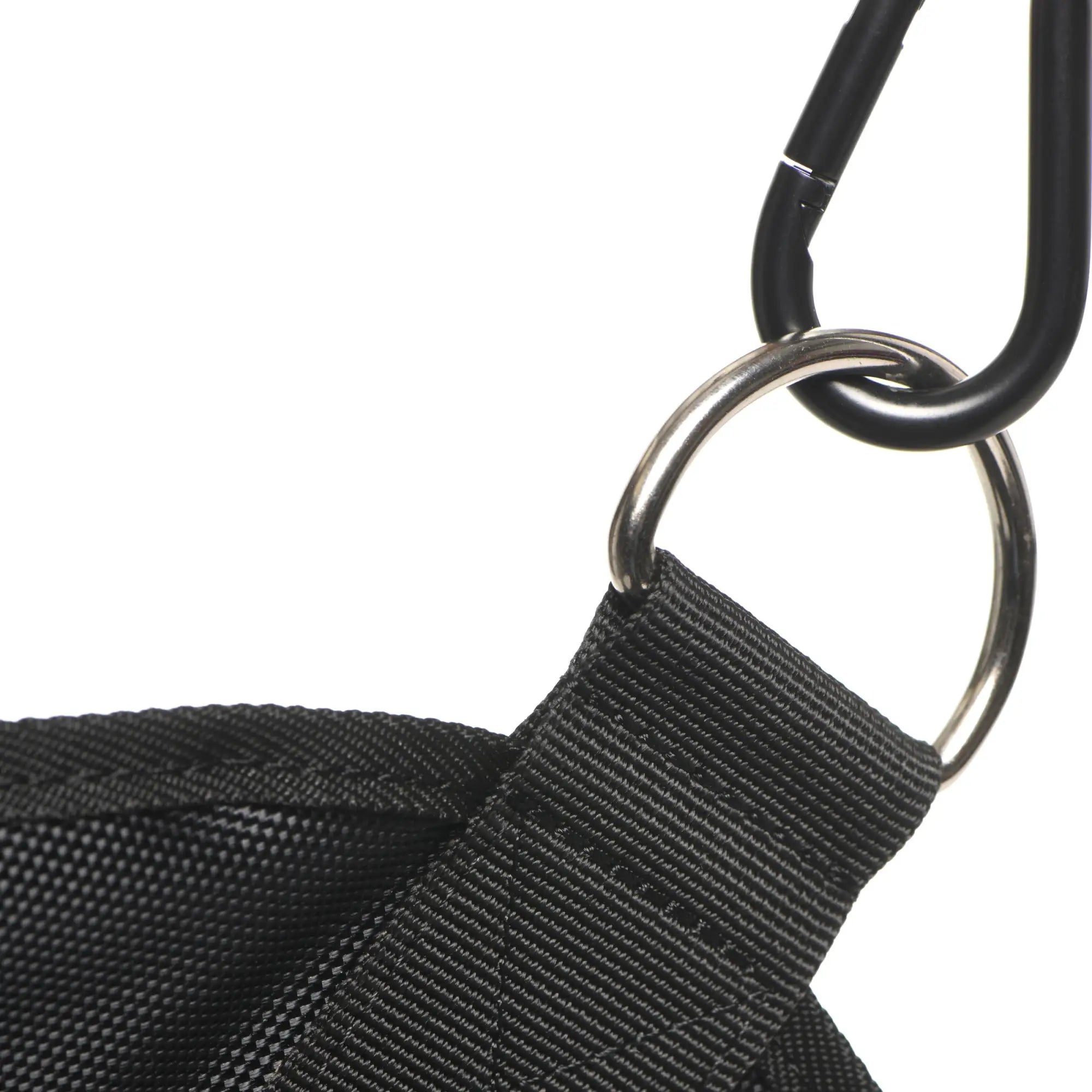 Master Series Nylon Sex Sling featuring black durable webbing, a metal ring, and a black carabiner attachment.