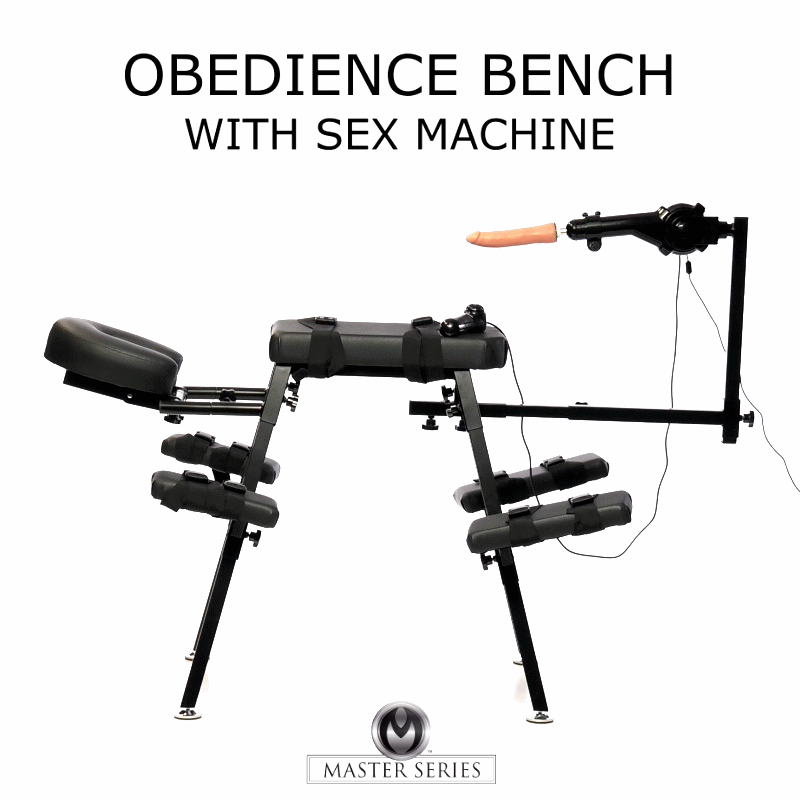 Master Series black obedience bench with adjustable restraints, face rest, and attached motorized sex machine attachment.