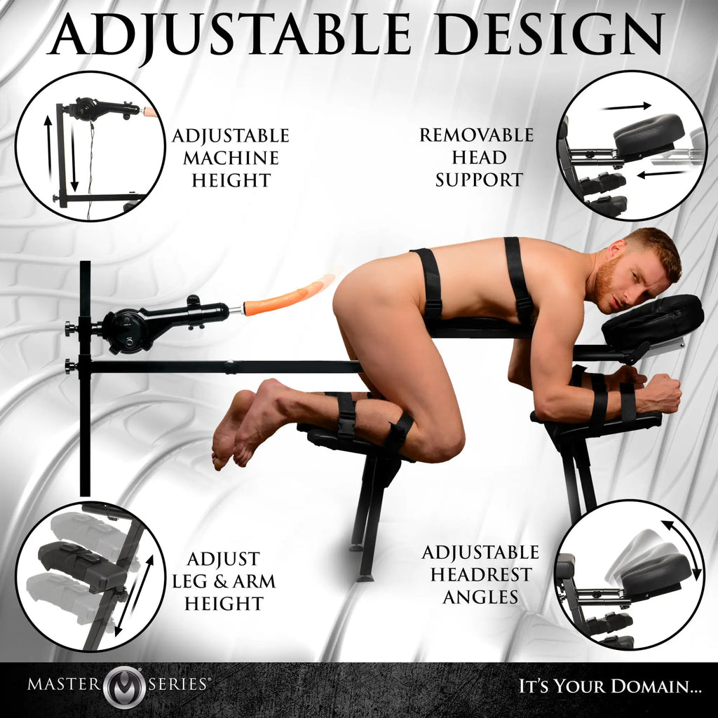 Master Series Obedience Chair with black metal frame and adjustable supports, showing machine features and use.
