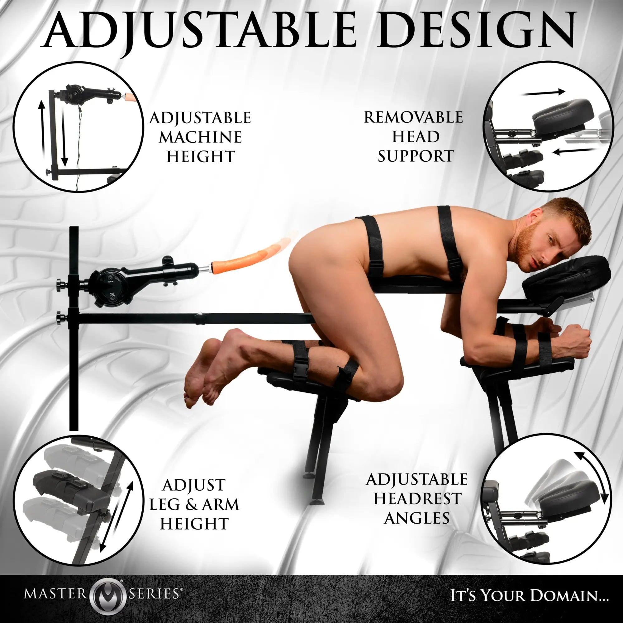 Master Series Obedience Chair with black metal frame and adjustable supports, showing machine features and use.