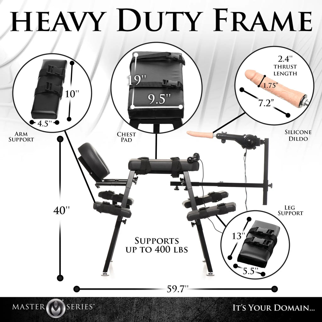 Master Series Obedience Chair with integrated sex machine, featuring a black metal frame, straps, and measurements.