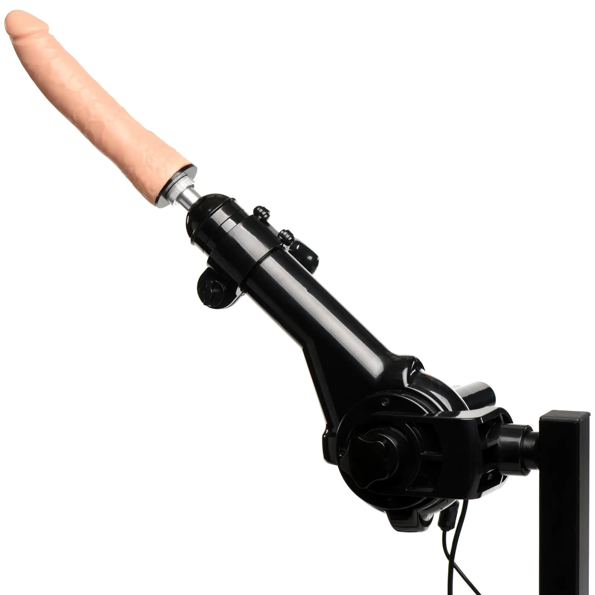 Master Series Obedience Chair sex machine attachment featuring a realistic, flesh-toned phallic accessory on a black arm.