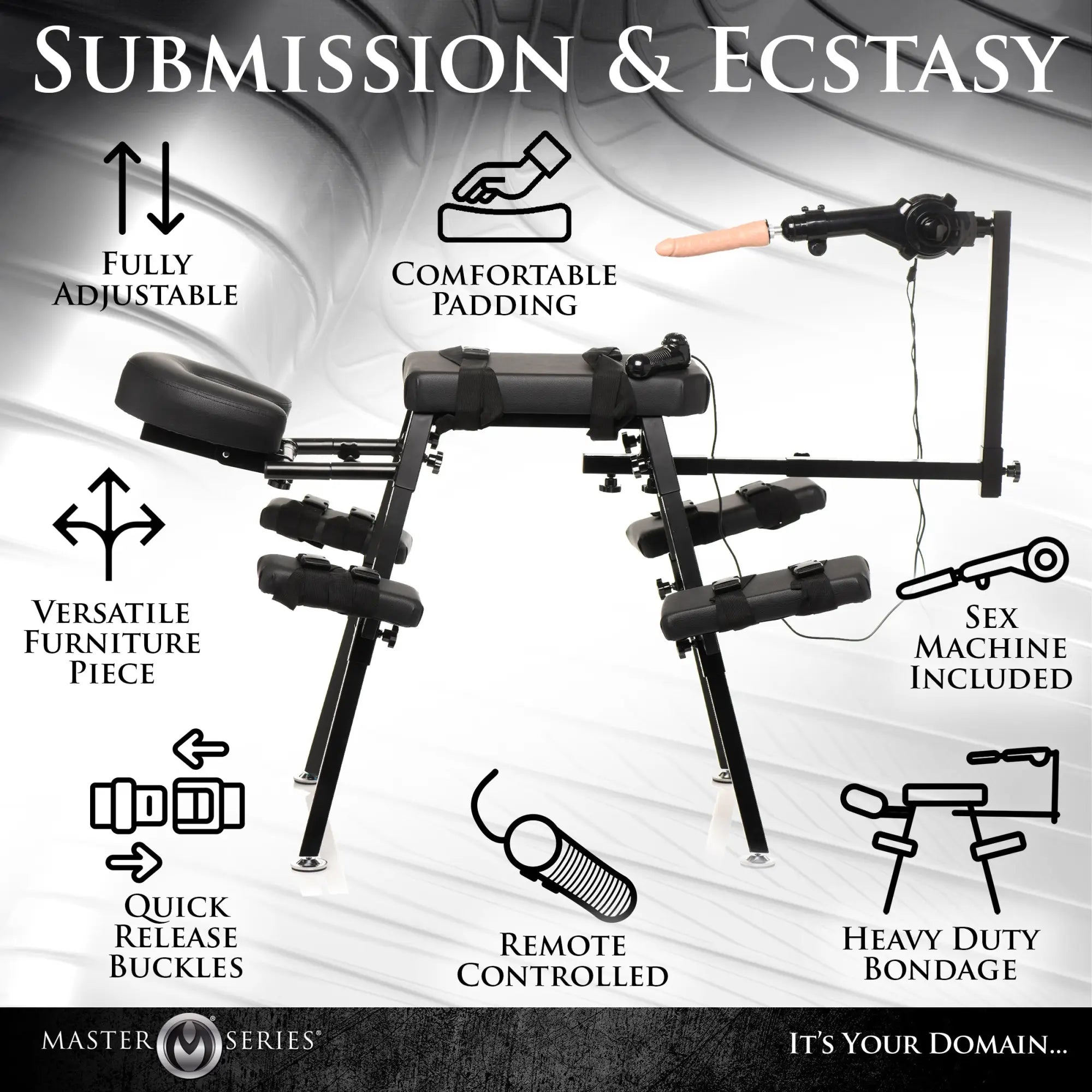 Master Series Obedience Chair with integrated black sex machine, padded black frame, and adjustable bondage features.