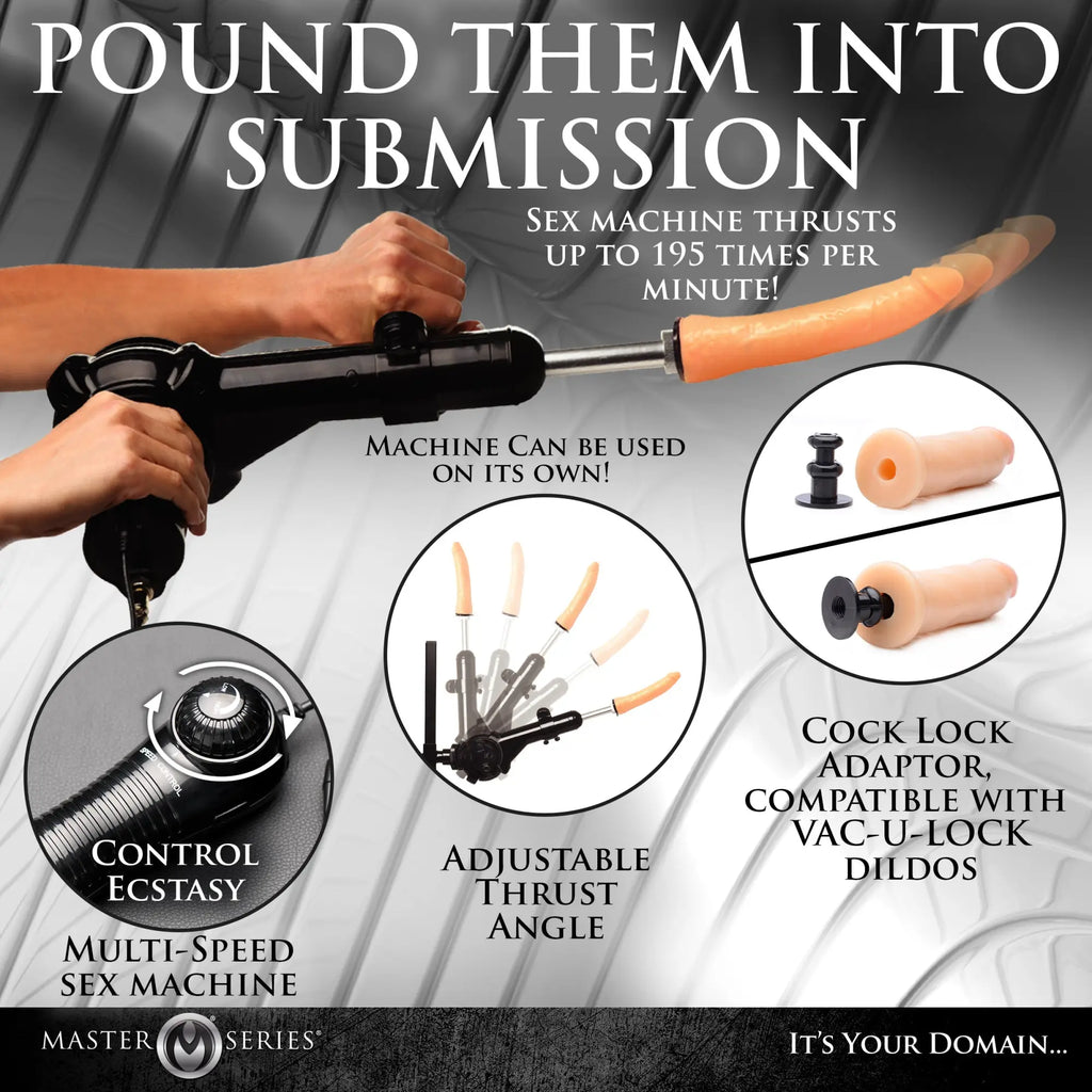 Master Series multi-speed black sex machine with adjustable thrust angle, speed control, and Vac-U-Lock dildo attachment.