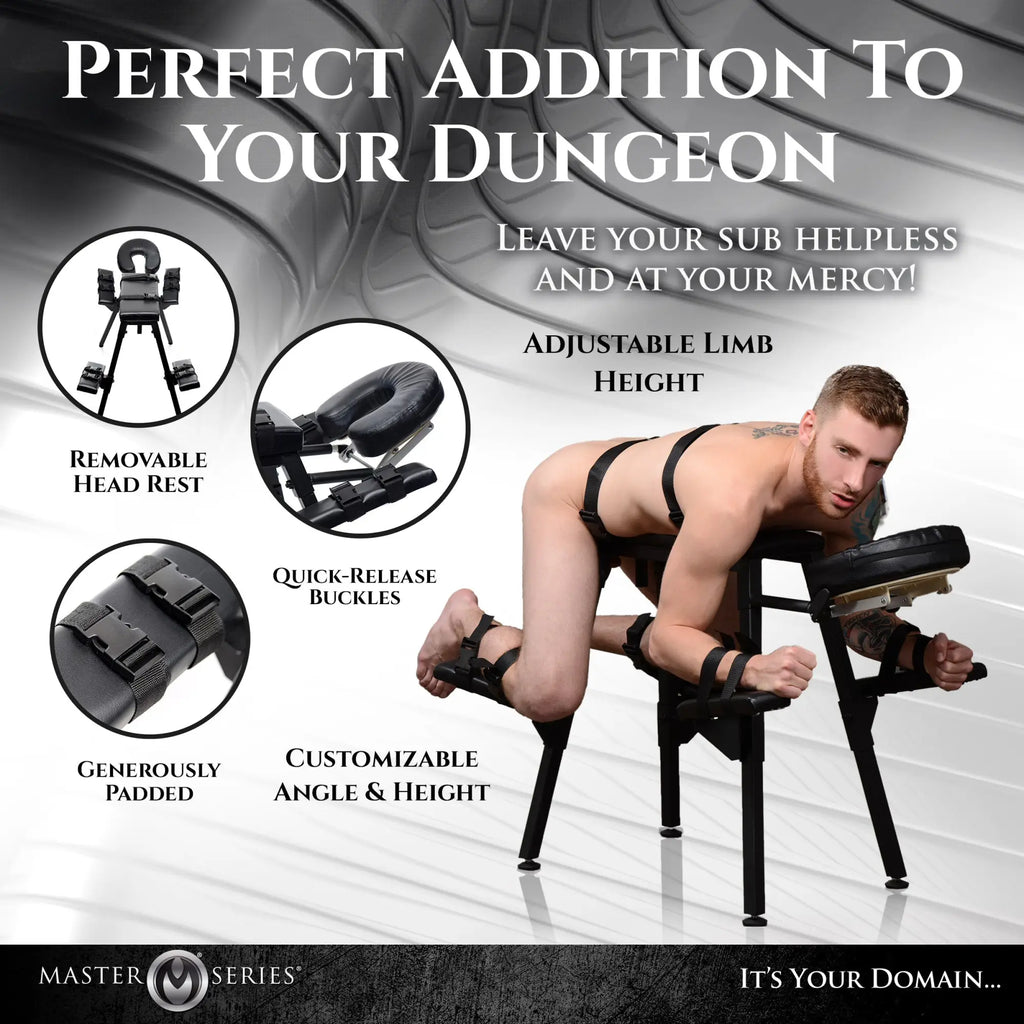 Master Series Obedience Extreme Sex Bench with black pads, adjustable height, restraint straps, and a man kneeling on it.