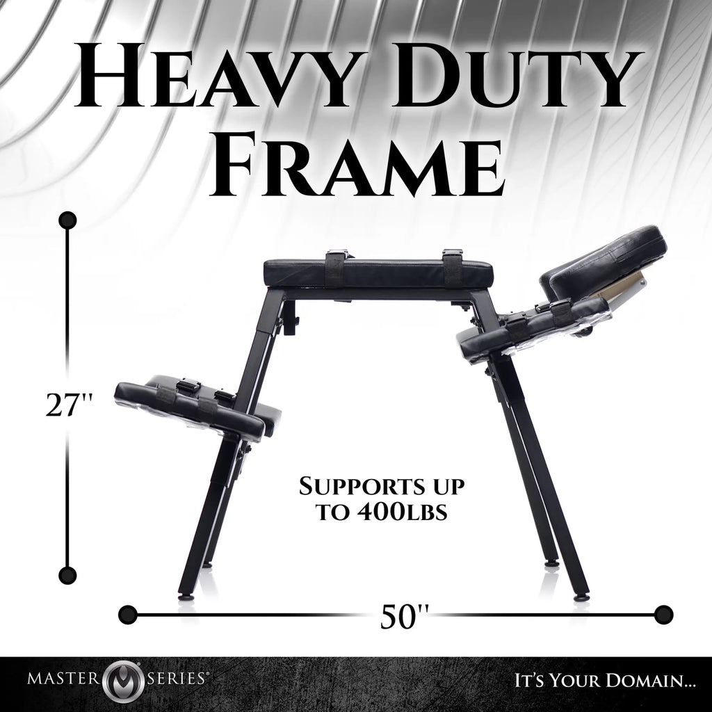 Master Series Obedience Extreme Sex Bench with black padded surfaces, restraint straps, and a heavy-duty metal frame.