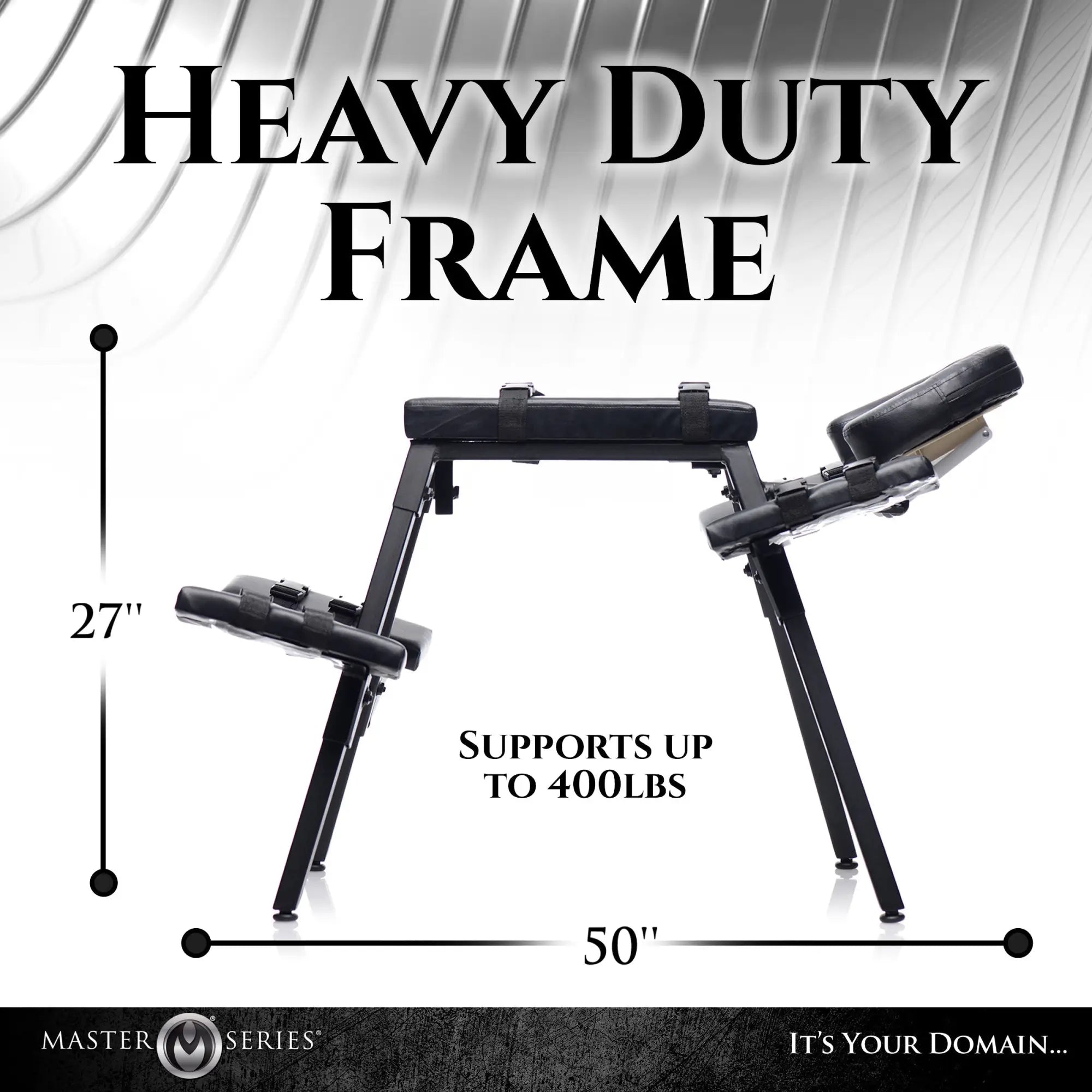 Master Series Obedience Extreme Sex Bench with black padded surfaces, restraint straps, and a heavy-duty metal frame.