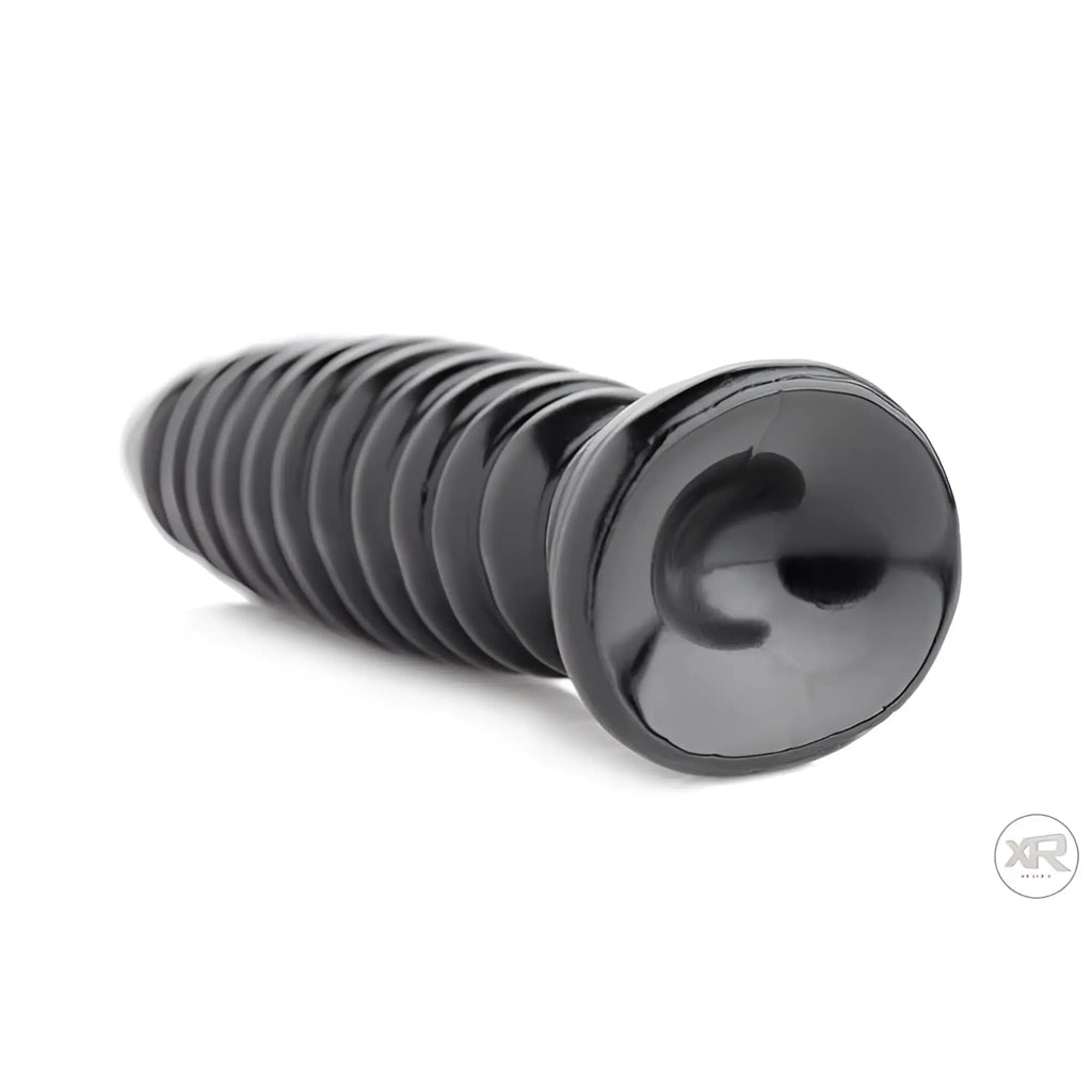 Master Series The Obsession 11 butt plug: a glossy, black ribbed plug with a flared base on a white background.