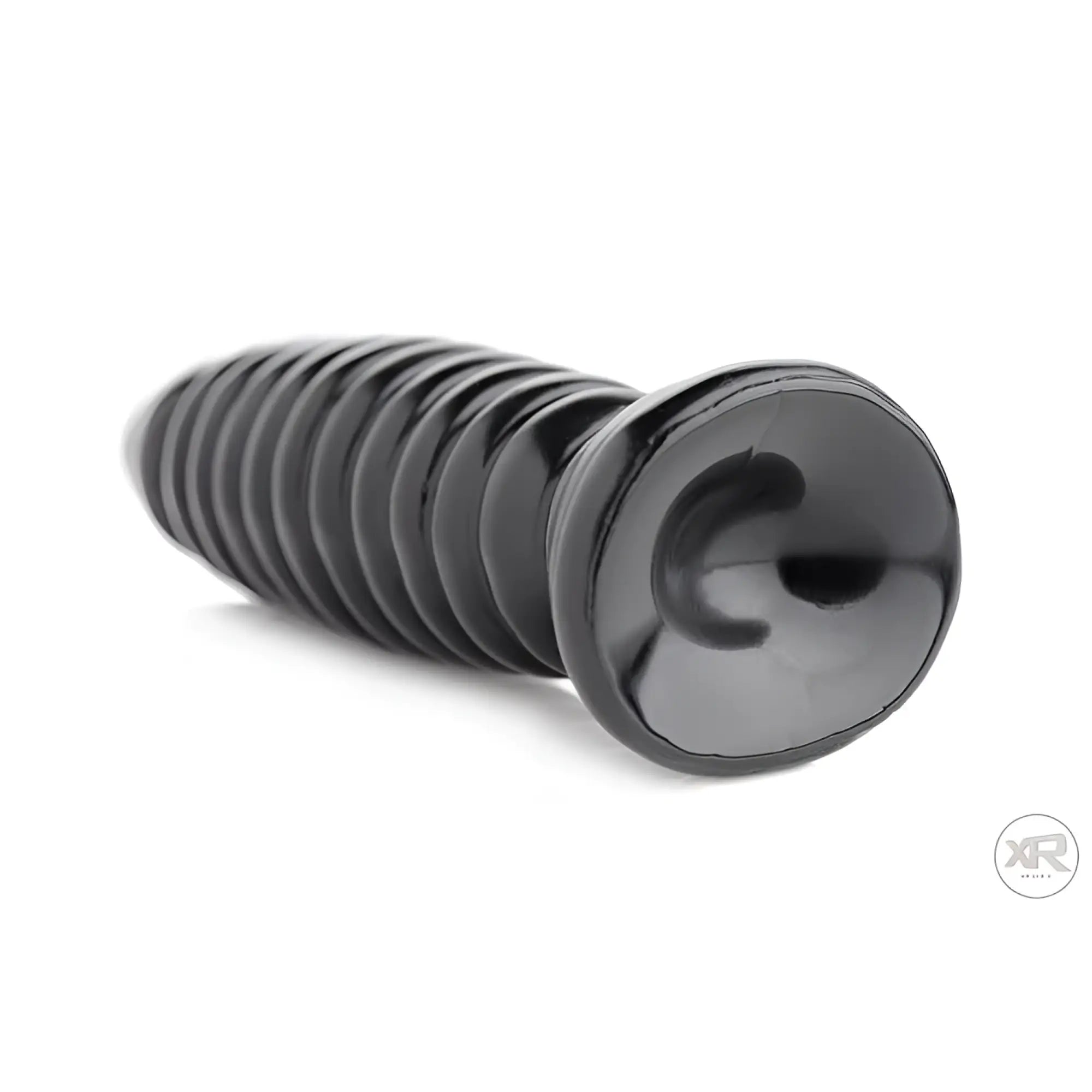 Master Series The Obsession 11 butt plug: a glossy, black ribbed plug with a flared base on a white background.