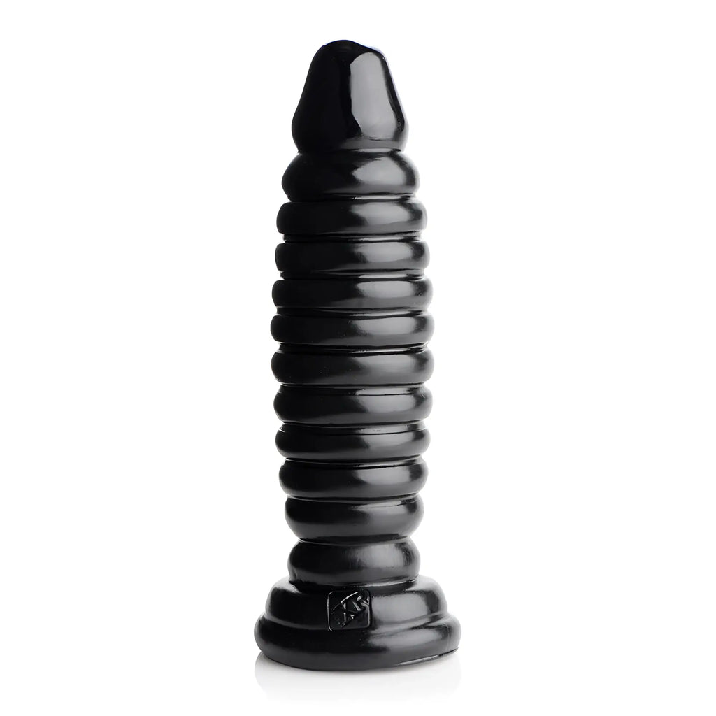 Master Series The Obsession 11 black ribbed butt plug with a flared base, set against a plain white background.