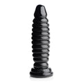 Master Series The Obsession 11 black ribbed butt plug with a flared base, set against a plain white background.
