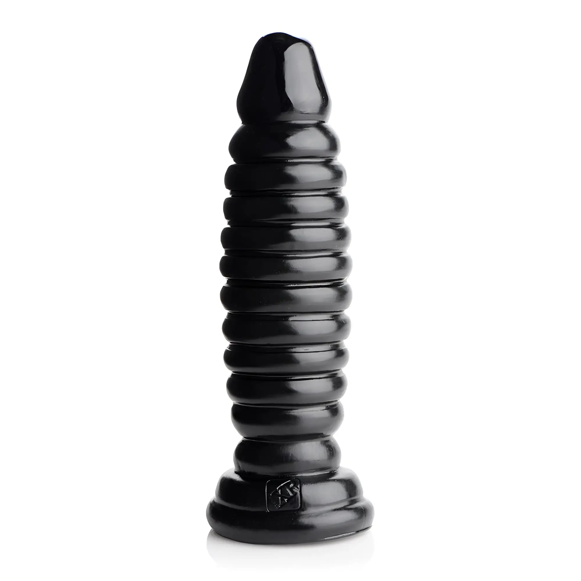 Master Series The Obsession 11 black ribbed butt plug with a flared base, set against a plain white background.