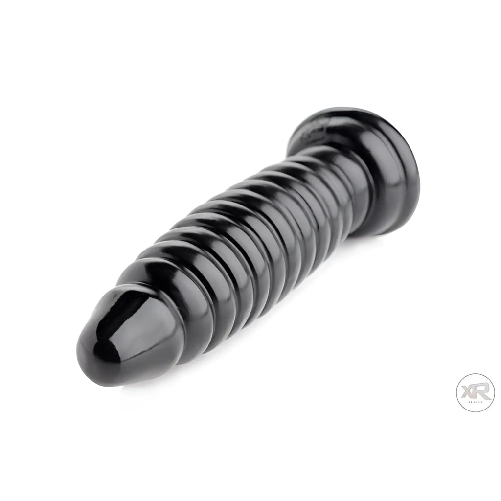 Master Series The Obsession 11 ribbed black butt plug with a tapered tip, isolated on a white background.