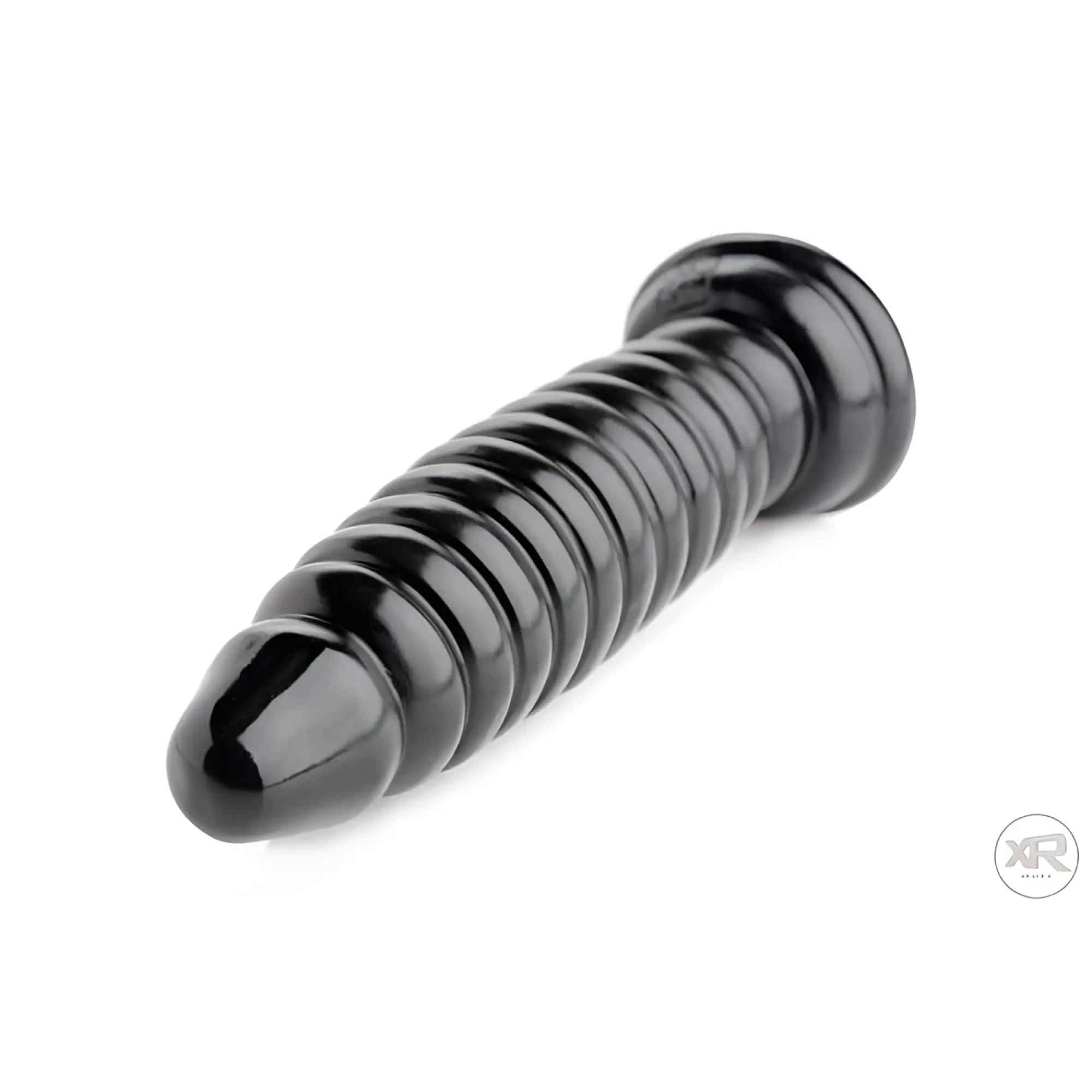 Master Series The Obsession 11 ribbed black butt plug with a tapered tip, isolated on a white background.