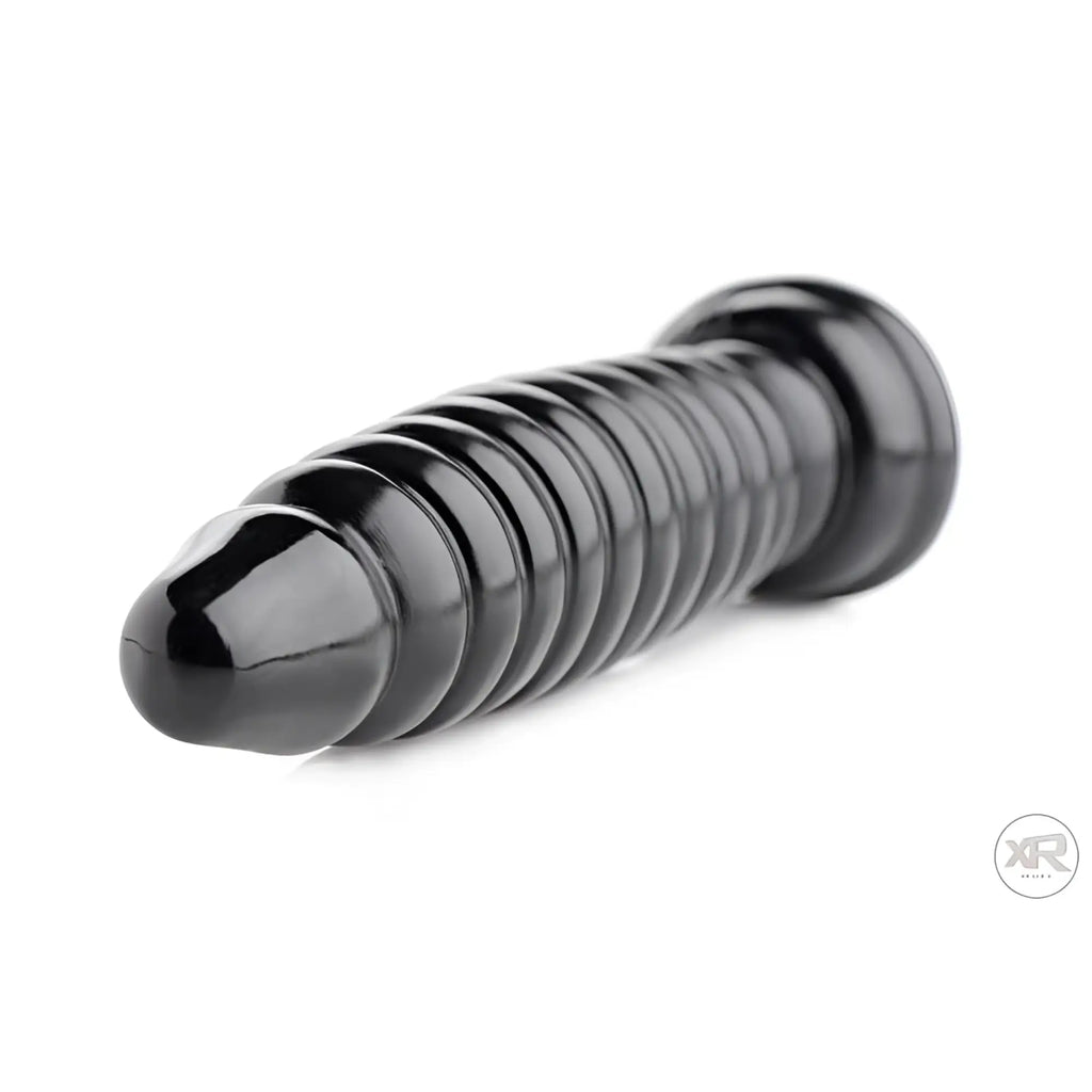 Master Series The Obsession 11 butt plug in glossy black, featuring a tapered, ribbed, and multi-segmented design.