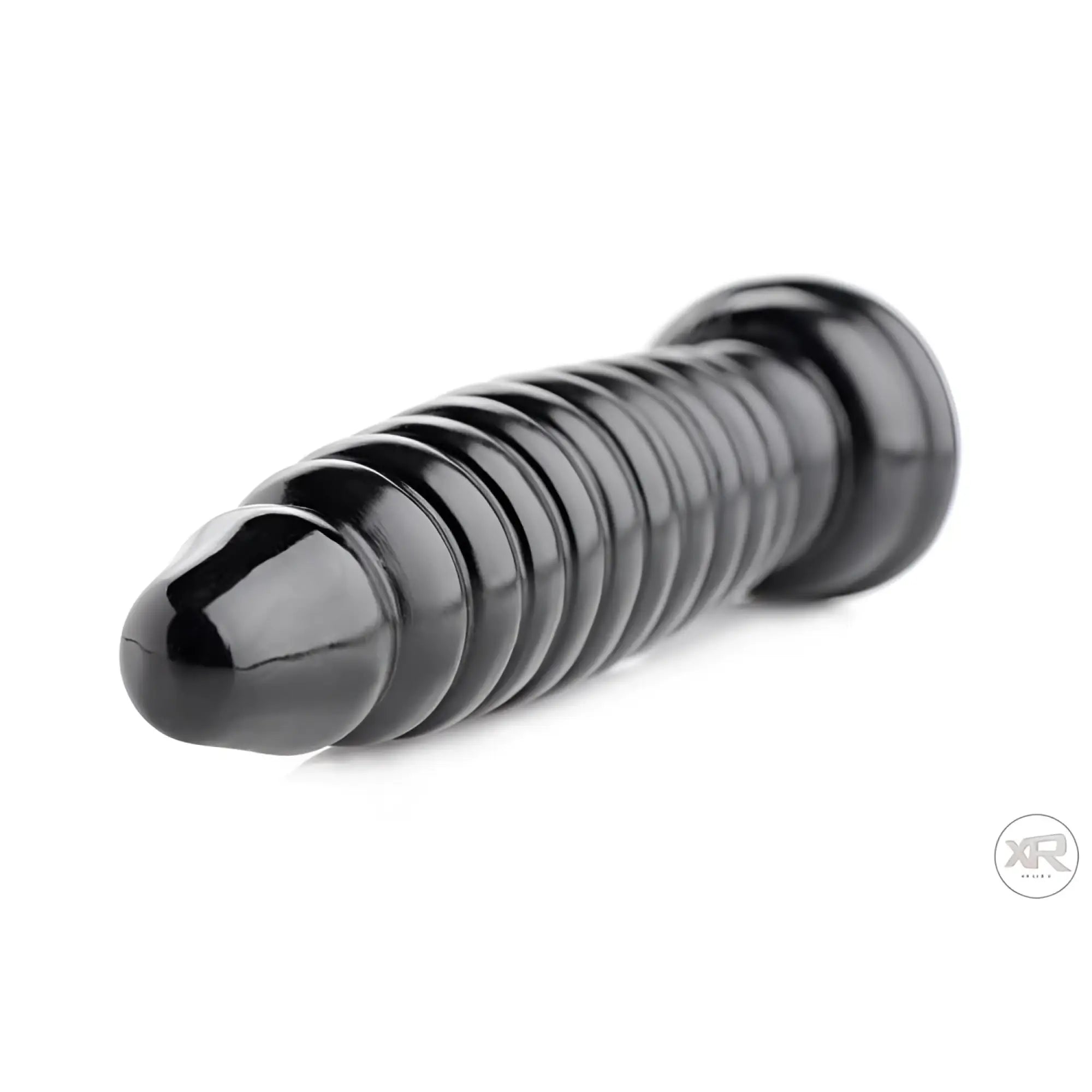Master Series The Obsession 11 butt plug in glossy black, featuring a tapered, ribbed, and multi-segmented design.