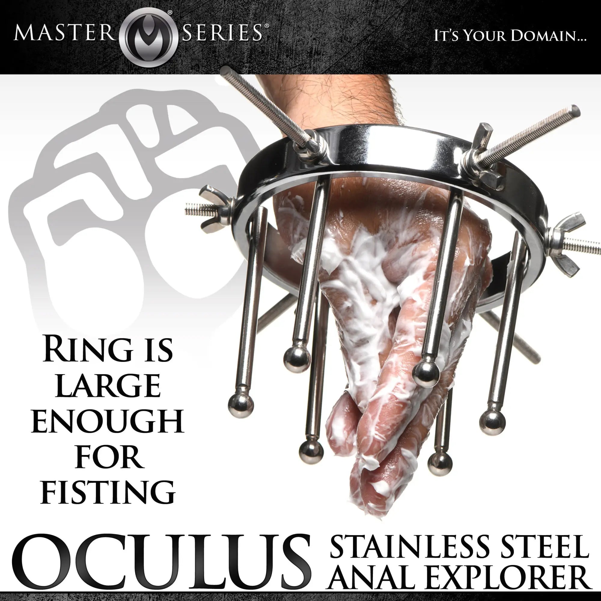 Master Series Oculus Stainless Steel Anal Explorer: a metallic ring with adjustable rods, worn over a hand covered in gel.