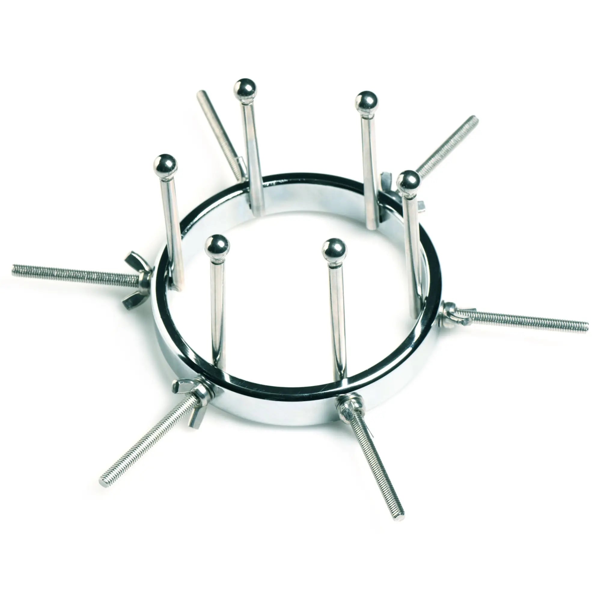 Master Series Oculus Stainless Steel Anal Explorer: a metallic ring with adjustable threaded posts and ball tips.