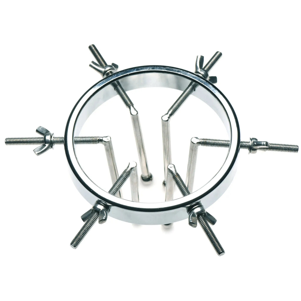 Master Series Oculus stainless steel anal explorer with a central ring and adjustable threaded rods and wing nuts.