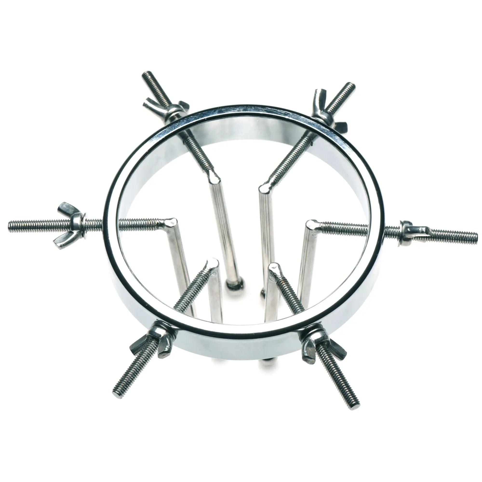 Master Series Oculus stainless steel anal explorer with a central ring and adjustable threaded rods and wing nuts.