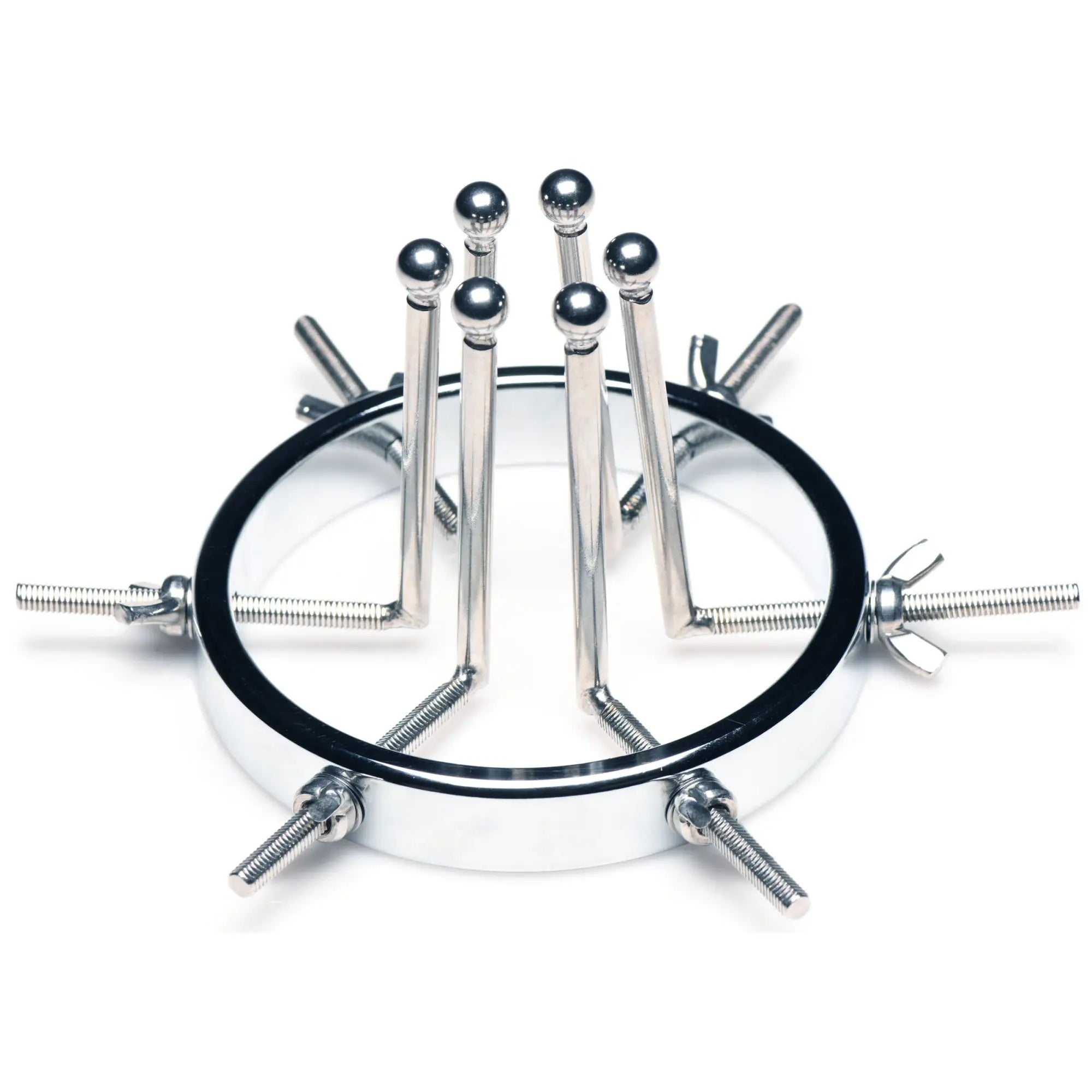 Master Series Oculus stainless steel anal explorer with a ring base and six adjustable, ball-tipped vertical rods.