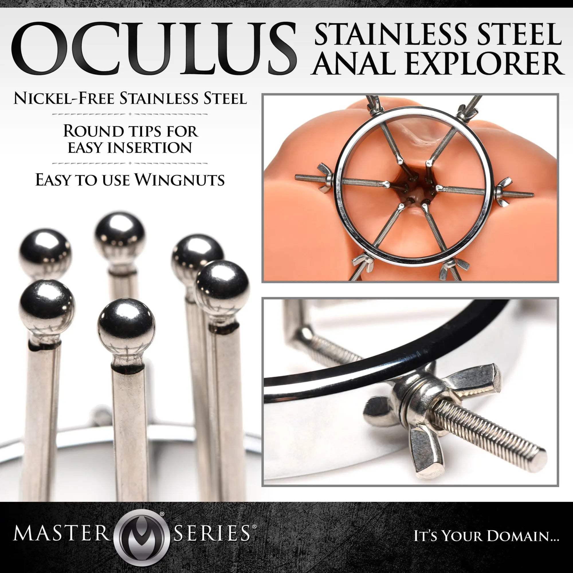 Master Series Oculus stainless steel anal explorer with a silver circular frame, ball-tipped prongs, and wingnuts.