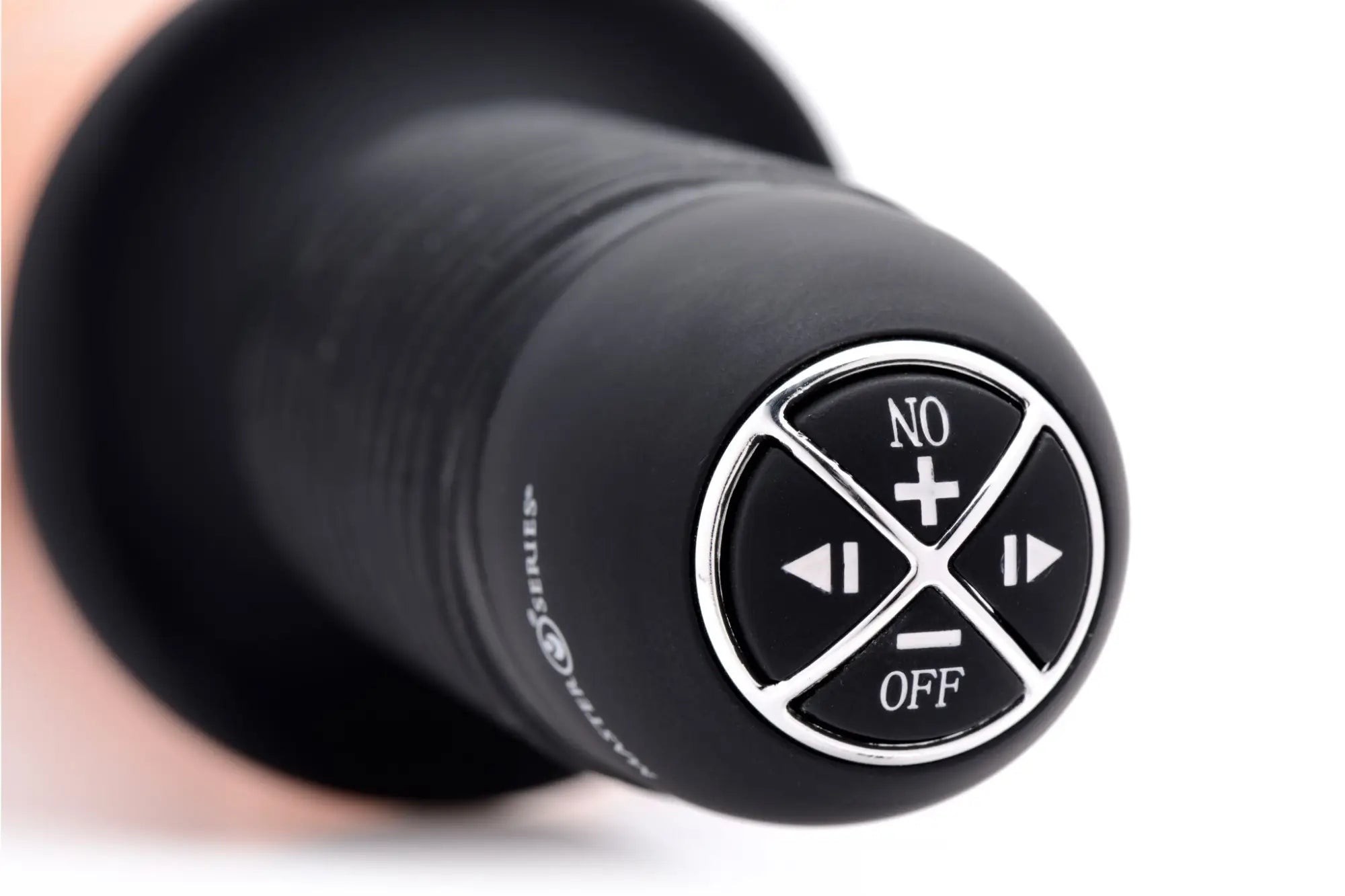 Close-up of the black Master Series Onslaught 13 Mode XL vibrator base with silver-accented control buttons.